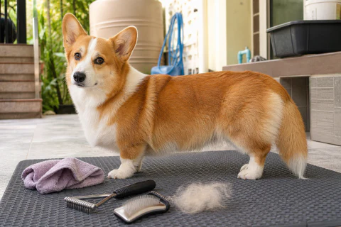Pembroke Welsh Corgi standing on a grooming mat beside coat-care tools