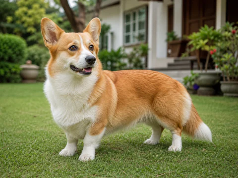 Adult Pembroke Welsh Corgi standing in a residential garden