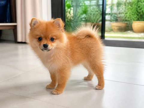 Pomeranian puppy standing in a bright living room