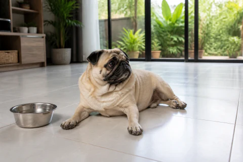 Pug resting beside fresh water on a cool living-room floor