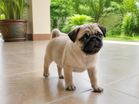 Happy Pug puppy stepping across a bright covered veranda