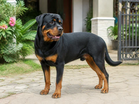 Happy adult Rottweiler standing at a bright garden entrance