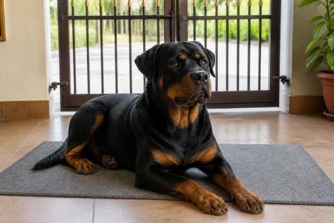 Rottweiler settling calmly on a mat inside a gated home entrance