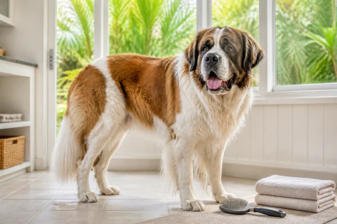 Happy Saint Bernard standing beside a grooming brush and folded towels