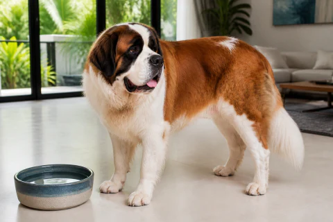 Happy Saint Bernard standing beside fresh water in a cool family room