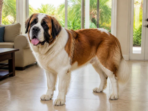 Happy adult Saint Bernard standing in a bright cool family room