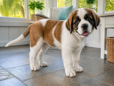 Happy Saint Bernard puppy standing in a bright cool sunroom