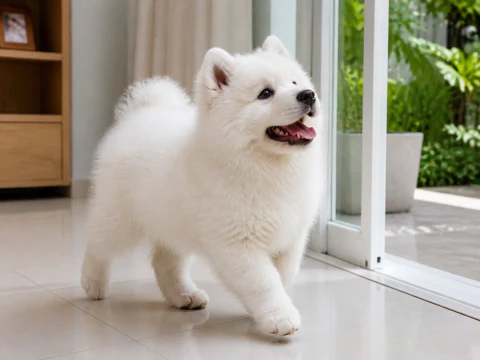 Happy Samoyed puppy walking beside open patio doors