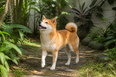 Happy Shiba Inu exploring a shaded garden path