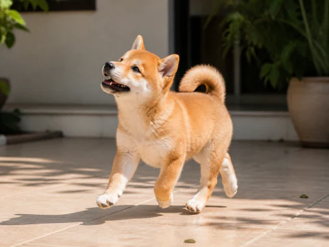 Happy Shiba Inu puppy trotting across a bright patio