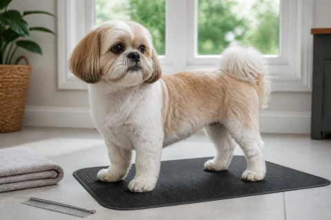 Shih Tzu standing calmly on a home grooming mat