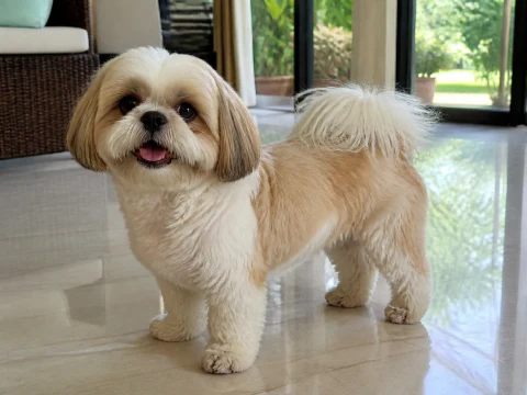 Adult Shih Tzu standing in a bright living room