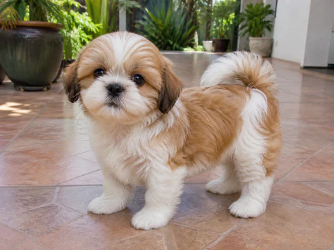 Shih Tzu puppy standing on a bright veranda