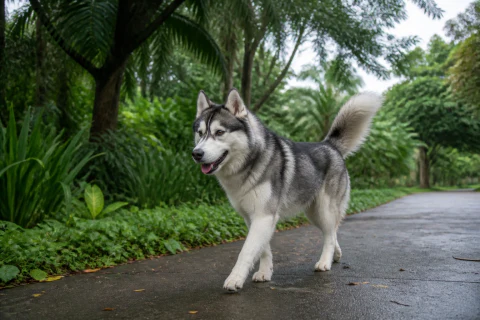 Grey and white Siberian Husky walking on a shaded park trail at dawn