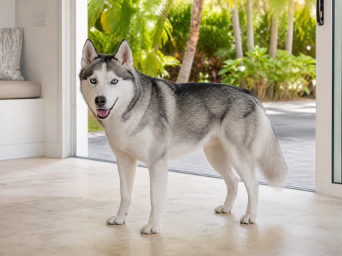 Adult Siberian Husky standing inside a bright home