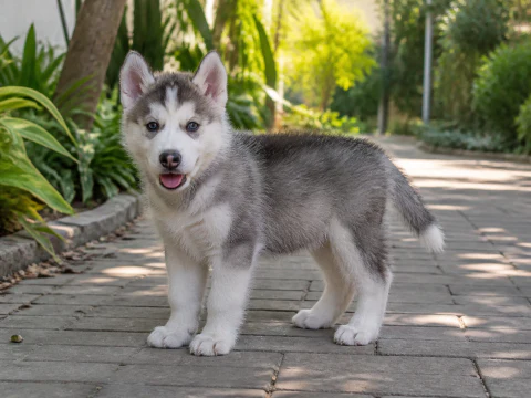 Siberian Husky puppy standing on a shaded garden path