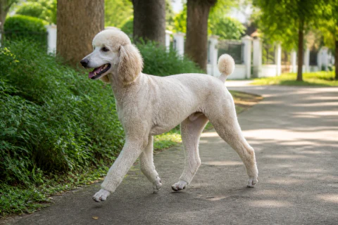 Standard Poodle trotting along a shaded residential park path