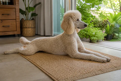 Standard Poodle resting on a mat beside open patio doors