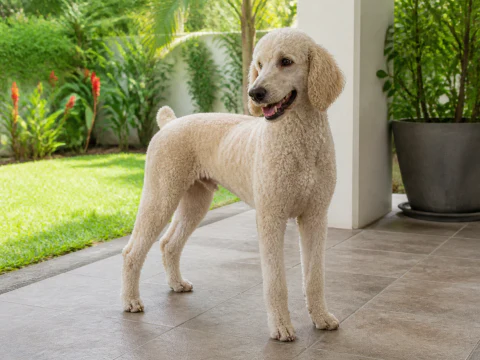 Adult Standard Poodle standing on a bright veranda