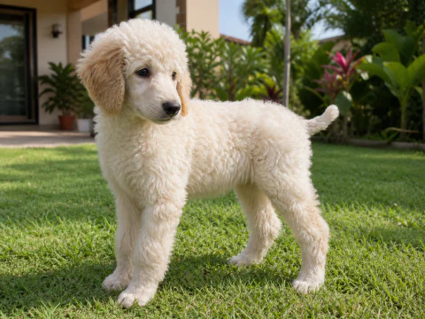 Standard Poodle puppy standing in a sunny garden