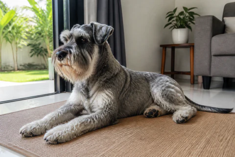 Standard Schnauzer settling on a mat beside open patio doors