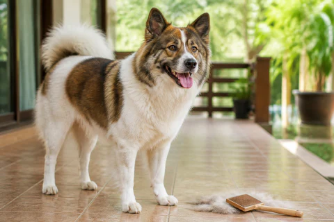 Happy Thai Bangkaew standing beside a grooming brush and shed undercoat