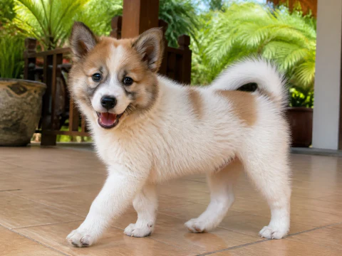 Happy Thai Bangkaew puppy stepping across a bright veranda