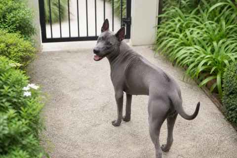 Happy Thai Ridgeback checking back inside a secure garden gate