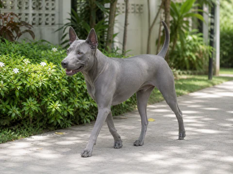 Happy adult Thai Ridgeback walking through a tropical garden