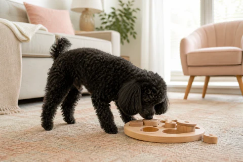 Black Toy Poodle investigating a wooden food puzzle in a living room