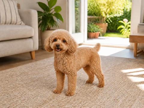 Adult apricot Toy Poodle standing in a bright living room