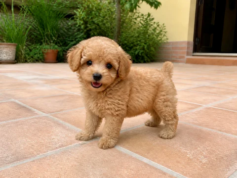 Apricot Toy Poodle puppy standing in a courtyard