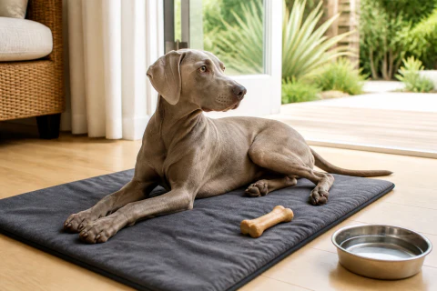 Weimaraner resting on a cooling mat beside fresh water