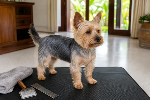 Yorkshire Terrier standing on a grooming mat beside a brush and comb