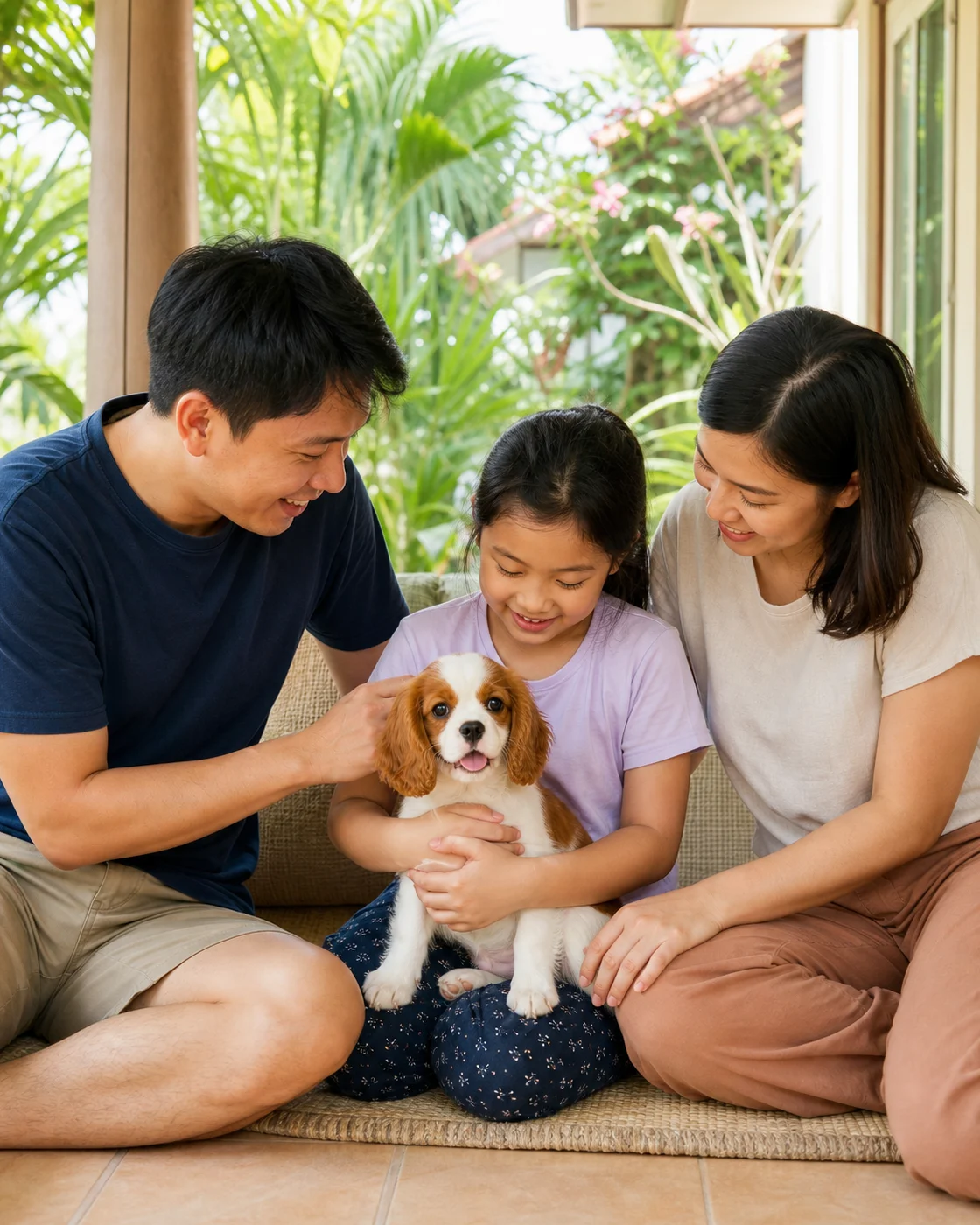 Illustrative image of a family enjoying time with a puppy at home