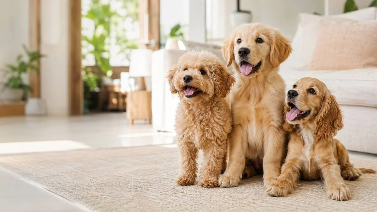 Illustrative image of three dogs sitting together in a bright home