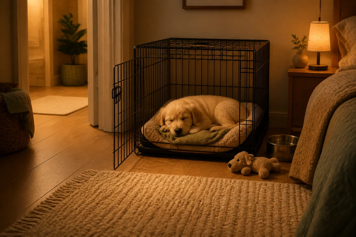 A puppy sleeping peacefully in a padded crate beside the bedroom on its first night