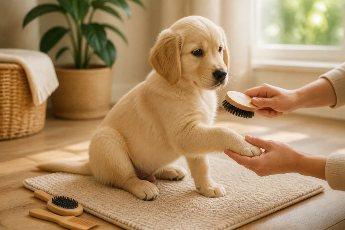 A relaxed puppy having one paw gently held while being introduced to a soft brush