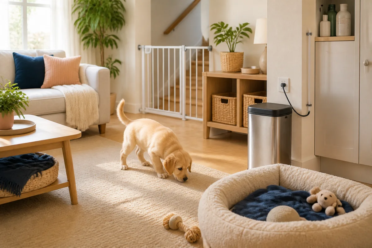 A puppy-proofed living room with a stair gate, secured storage, closed bin and clear puppy area
