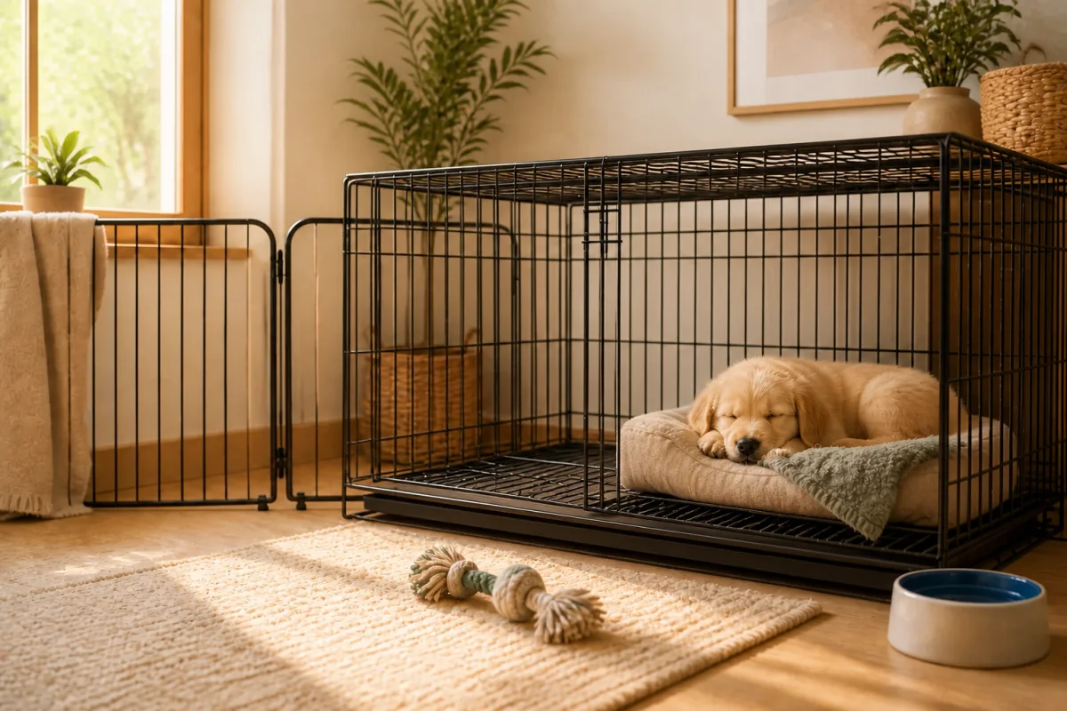 A puppy sleeping on a bed occupying half of a large wire-floor crate, with clear toilet space over a removable tray
