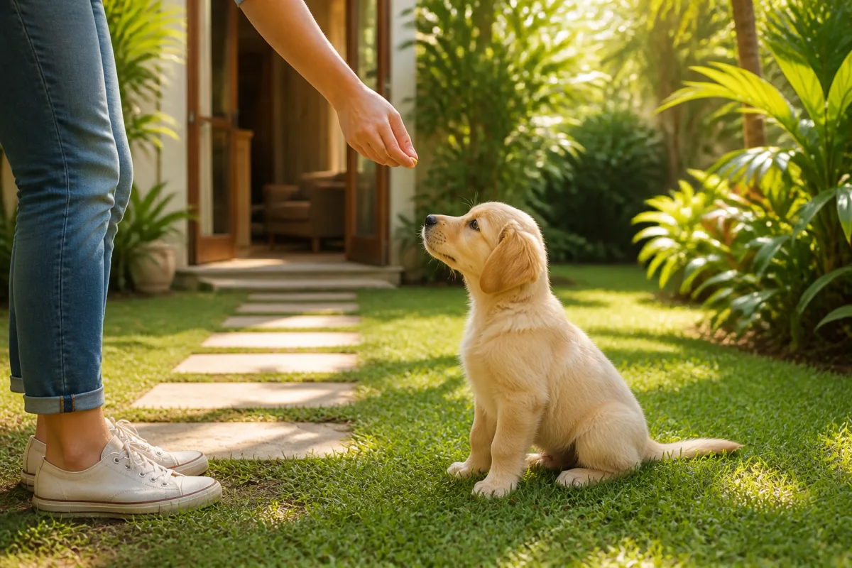 A puppy looking up for a reward after reaching its garden toilet area