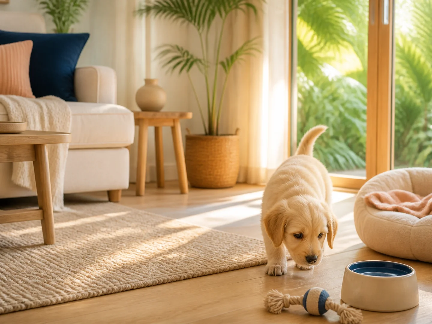 A young puppy exploring a calm, prepared family living room with a bed, water and safe toy
