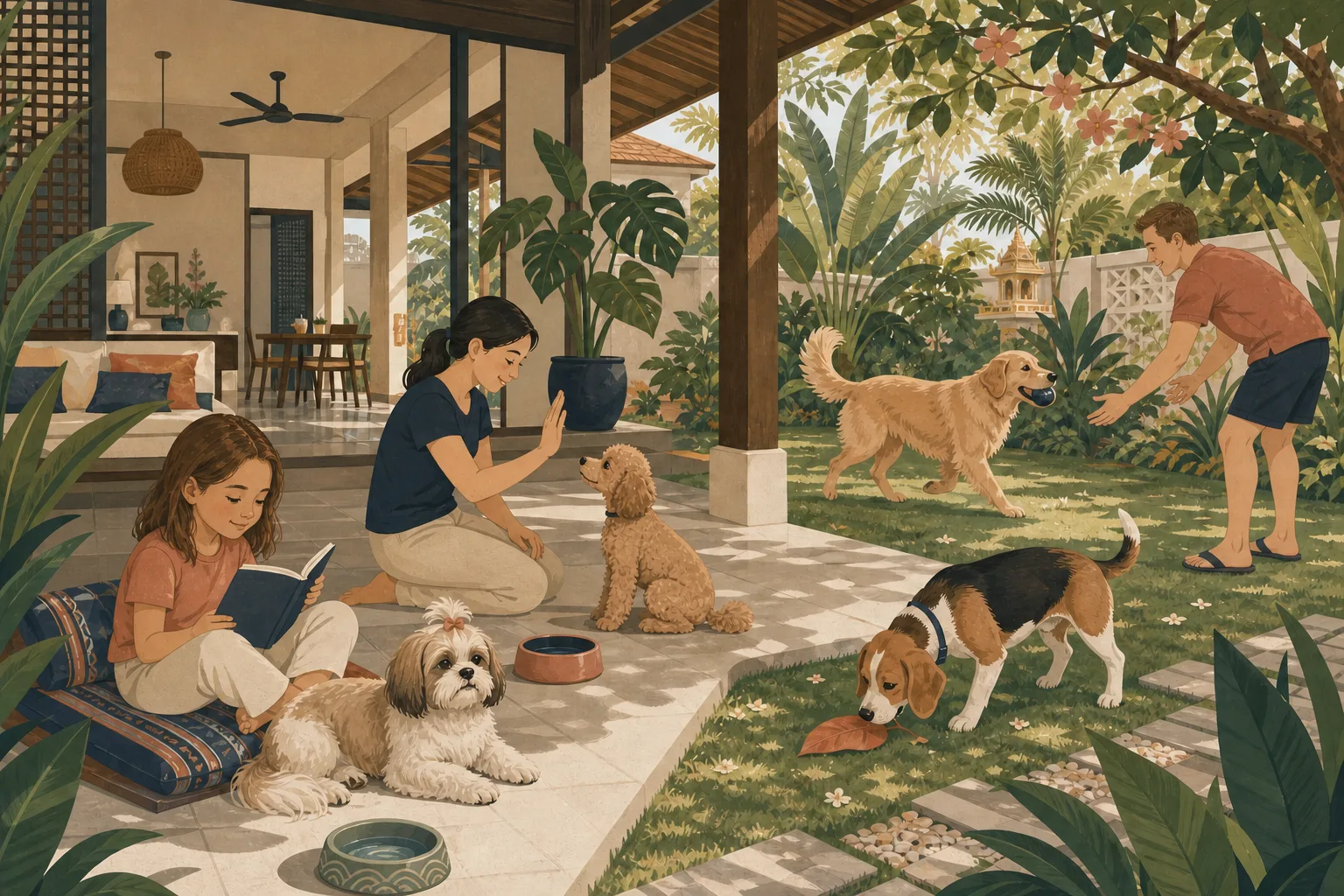 A family enjoying four different dogs at home and in a shaded tropical garden, each dog happily suited to a different activity.