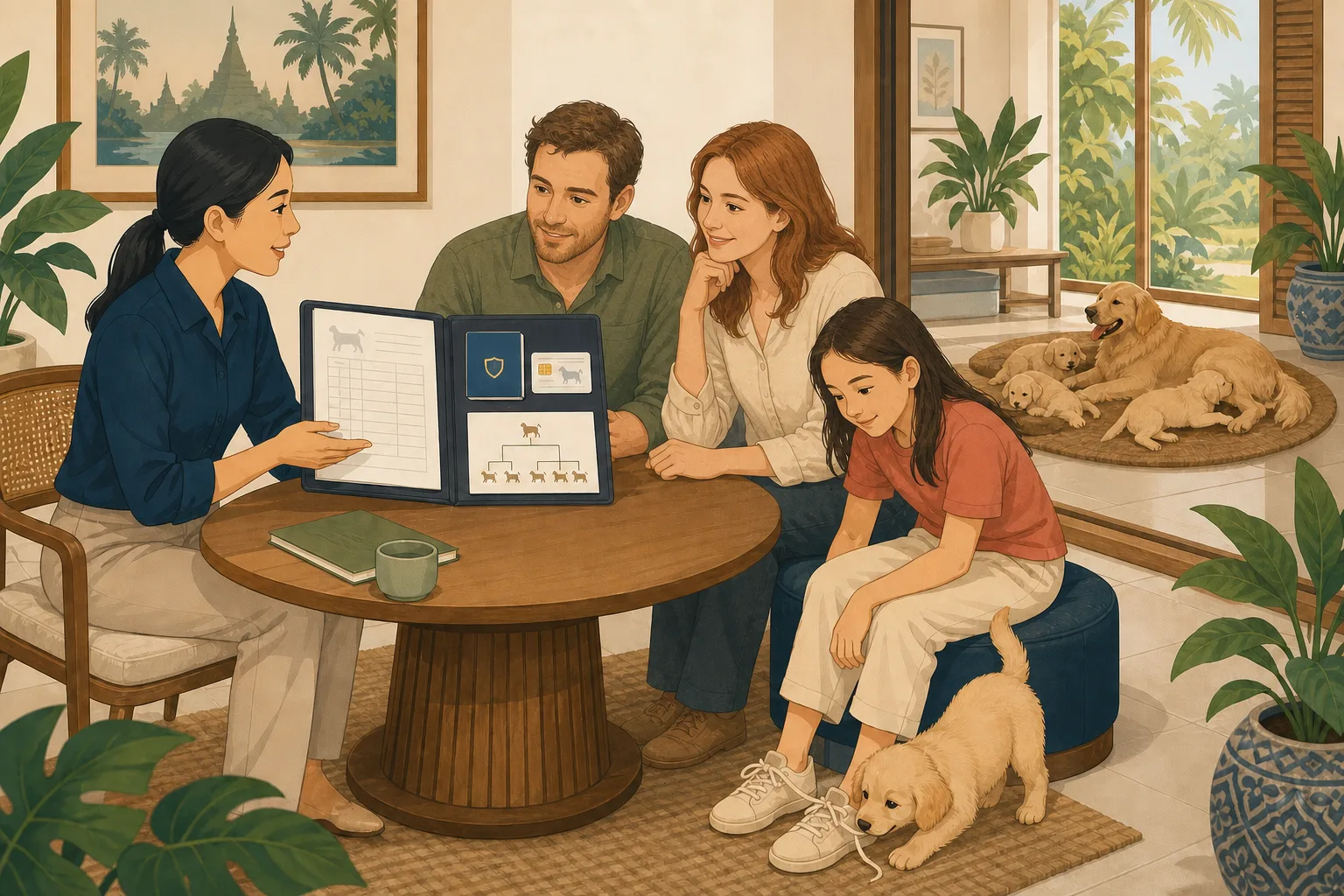 A family discussing a puppy's health records and care with an adviser while the puppy chooses to investigate a child's shoelace.