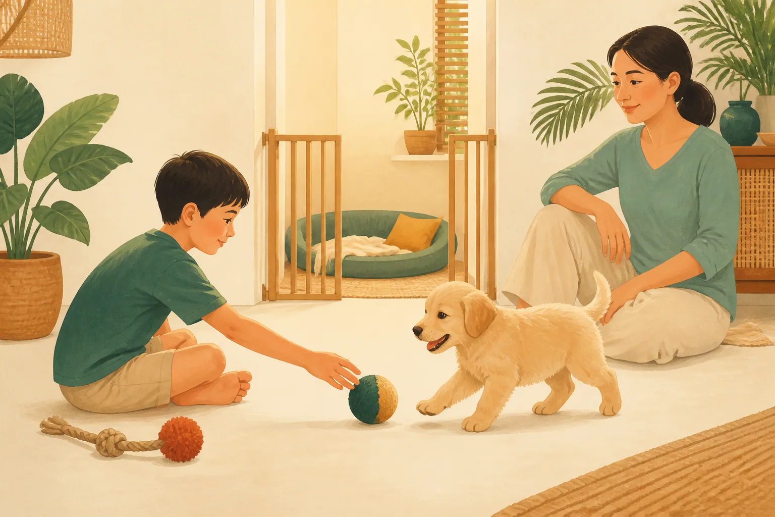 A child rolling a ball to a happy puppy while an adult supervises and a quiet puppy bed waits beyond an open gate.