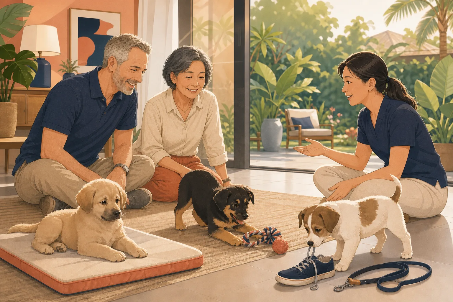 A retired Western and Asian couple comparing three puppies whose different play and settling styles help an adviser explain individual matching.