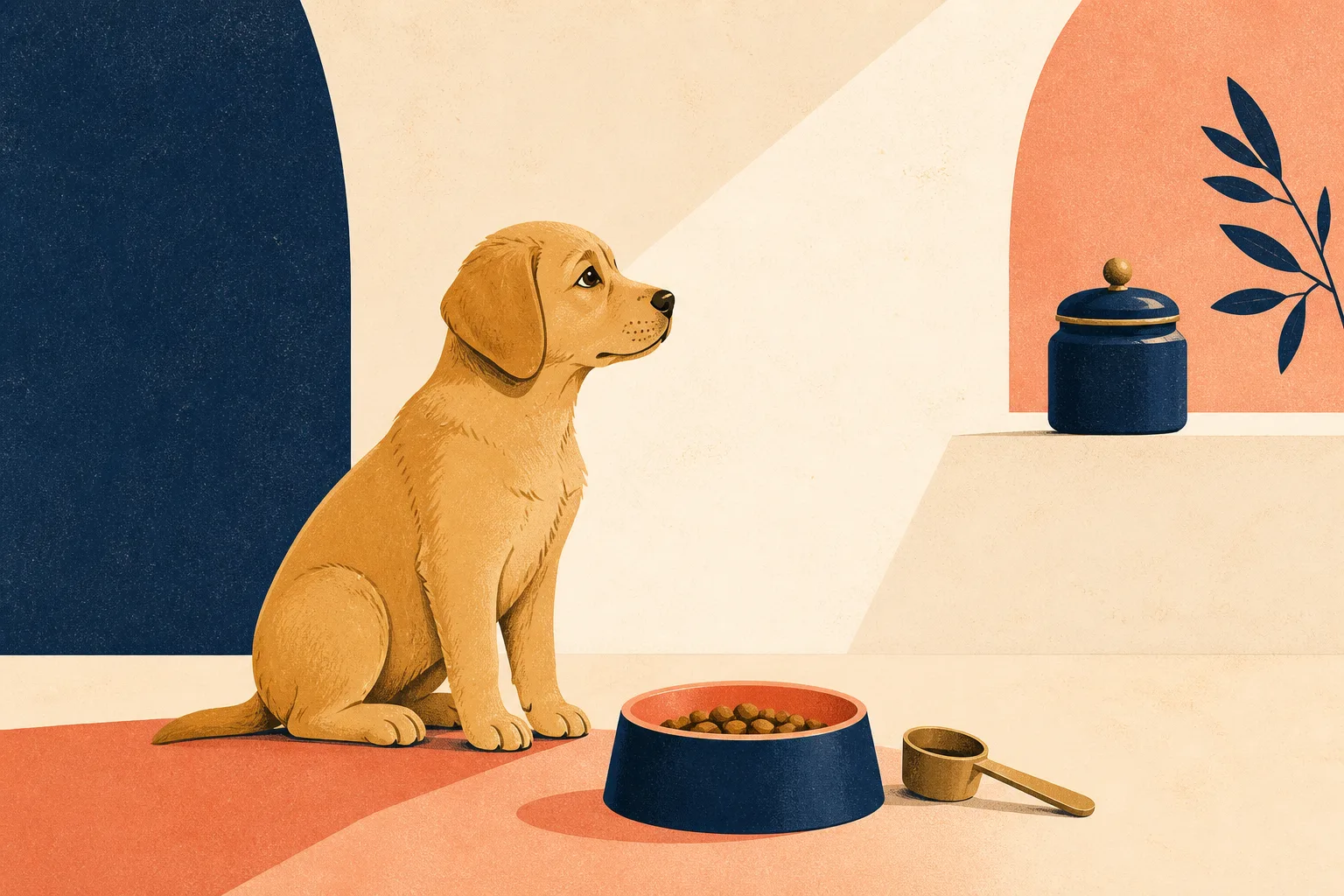 A patient puppy waiting beside a measured bowl of food while looking hopefully towards the treat jar.