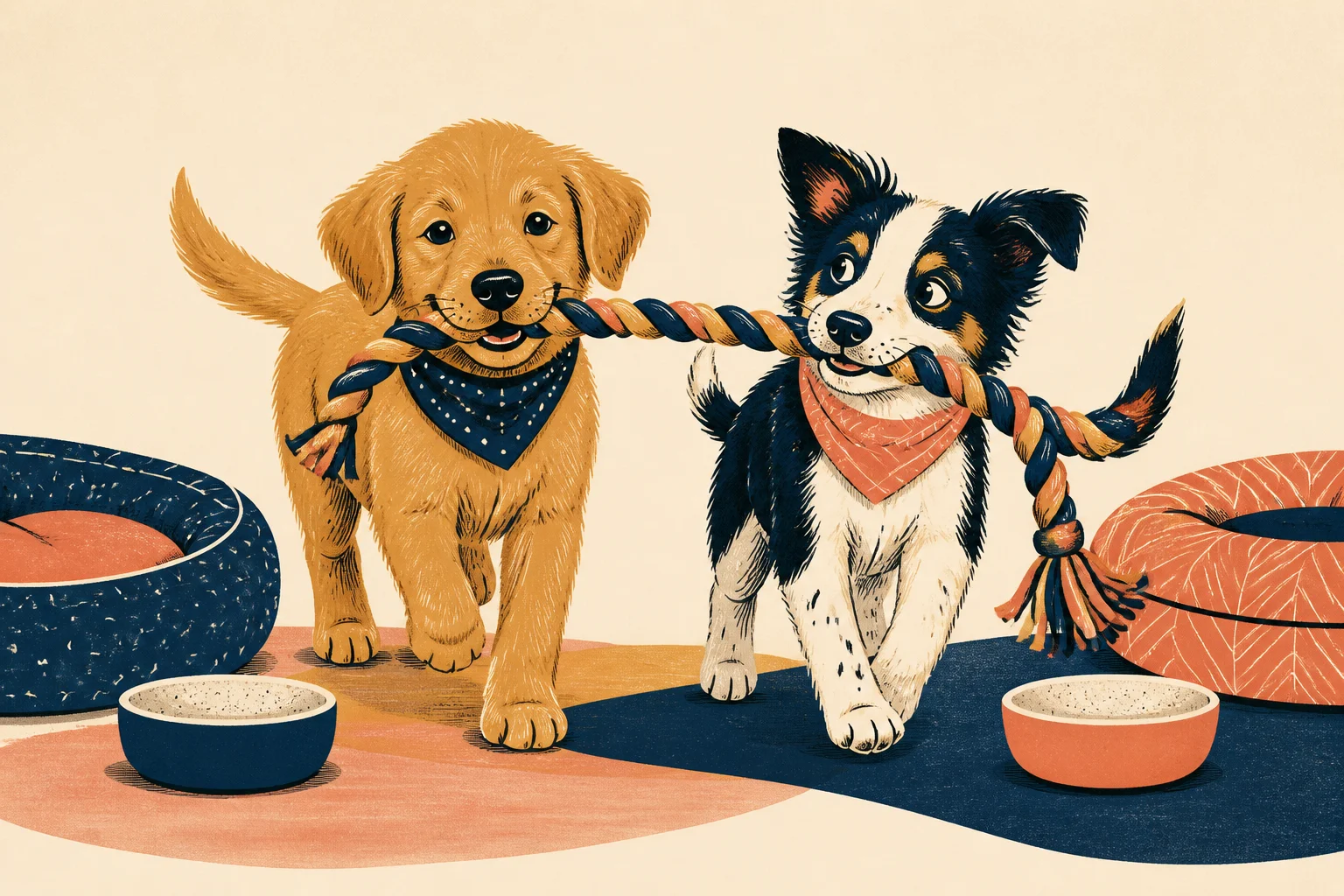 Two different puppies happily carrying one rope toy together, with a separate bed and bowl ready for each puppy.