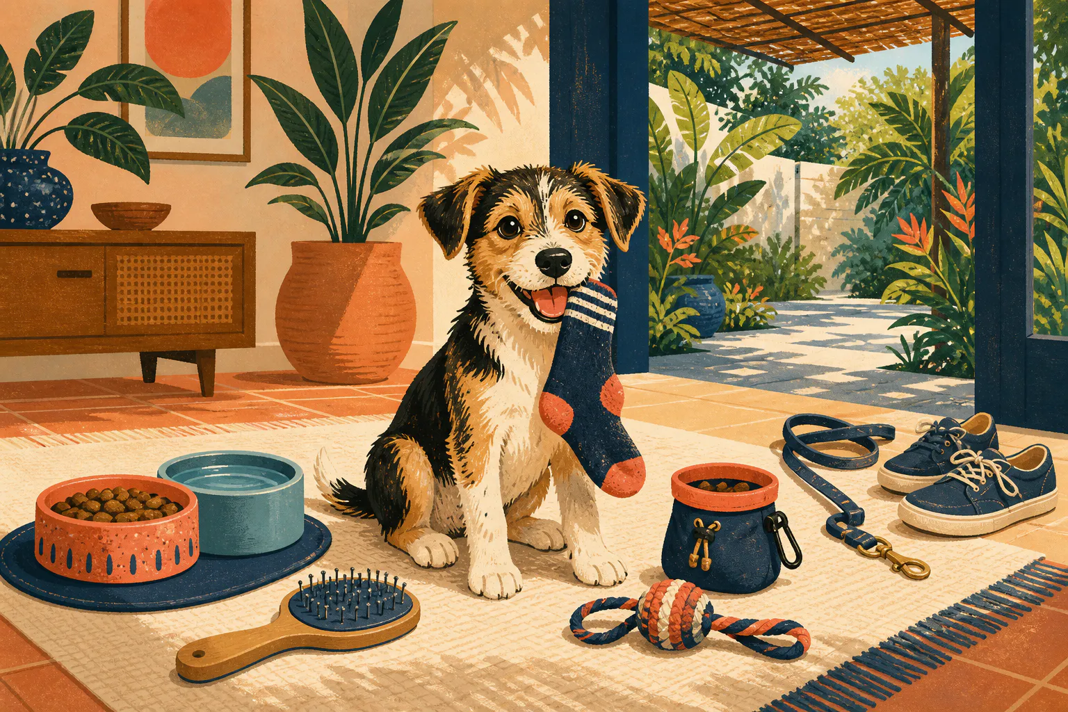 A cheerful puppy at home with food, water, a grooming brush, training rewards, a toy and a lead ready for a cooler walk, while proudly holding one stolen sock.