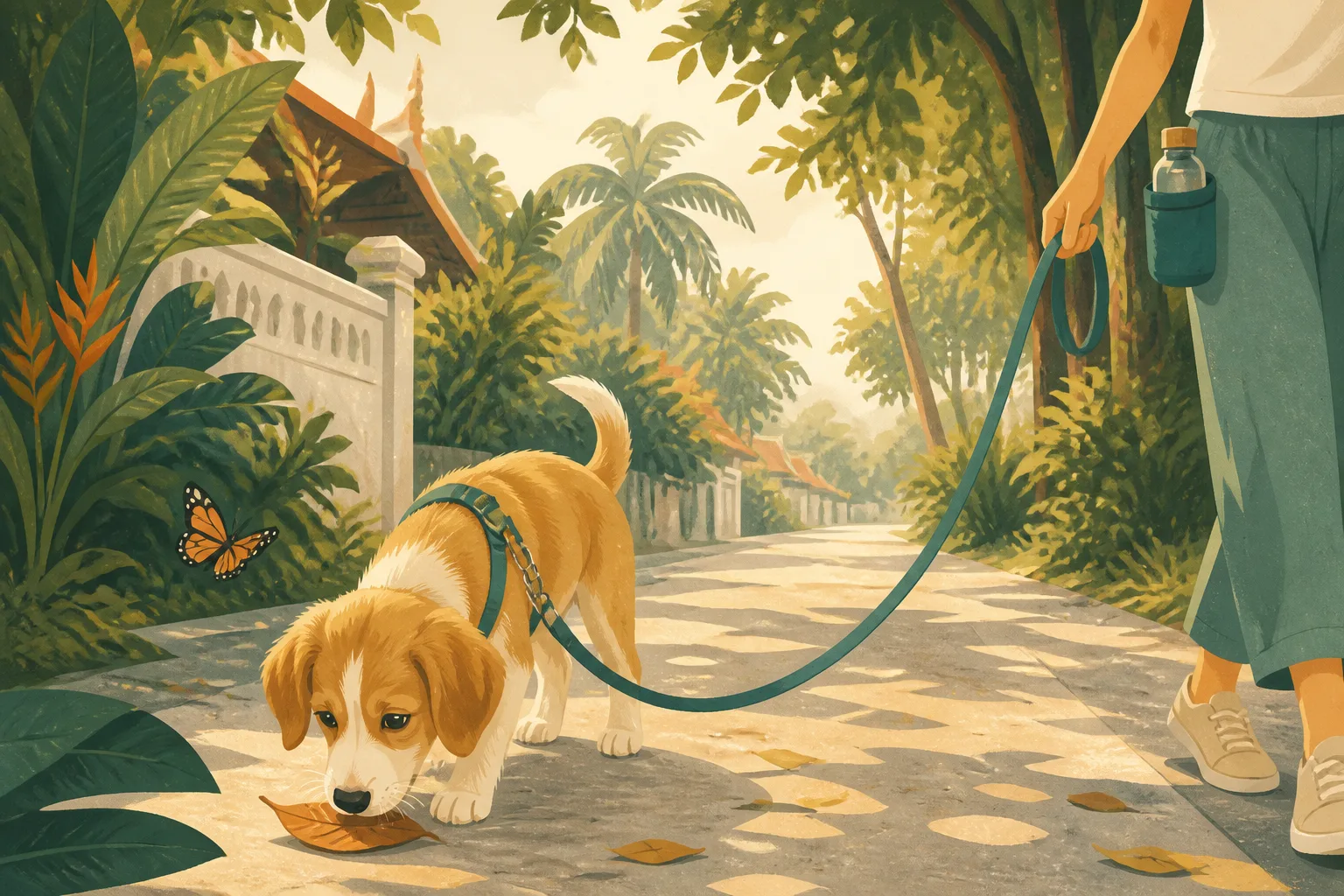 A puppy sniffing a leaf on a shaded tropical path while the lead hangs in a relaxed curve to its owner.